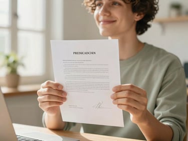 A person smiling, holding up a newly acquired official document, looking relieved, bright natural daylight, warm and inviting Spanish workspace.