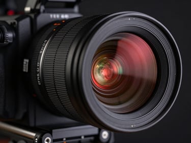 Extreme close-up of a high-contrast professional video camera lens reflecting intense red neon studio light, sharp mechanical details, deep black shadows, cinematic framing
