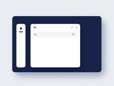 Straight-on minimalist software UI mockup showing a dynamic document tree with drag-and-drop handles, clean corporate navy and white tones, bright clean studio light, sharp focus