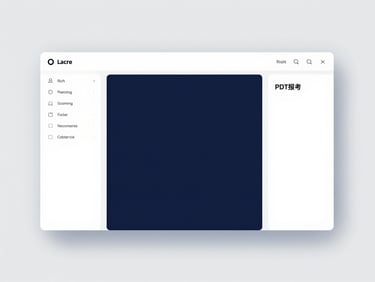 Minimalist software interface displaying a split screen: a rich text document editor on the left, and an uploaded PDF reference panel on the right, clean studio light, corporate navy tones