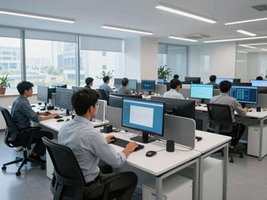 Wide landscape photograph of a modern, clean IT operations center in Noida, cool office daylight, professional engineers working at desks with large monitors, sharp focus