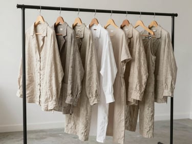 A rack of neutral-toned linen and soft cotton garments hanging in a bright, minimalist studio space with concrete floors and soft natural lighting.