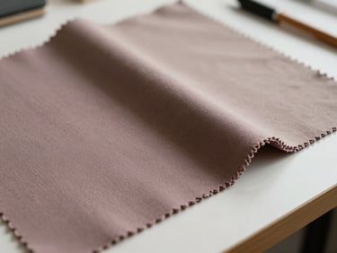 Close-up of tactile fabric swatches in dusty mauve and warm taupe lying on a clean work surface in a design studio.