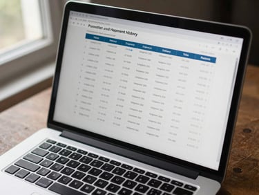 Overhead view of a laptop screen showing a shipment history table with delivery timestamps, cargo descriptions, and cross-border route entries, natural daylight from a window to the left