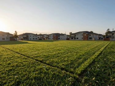 Wide shot of a residential land plot with green grass under soft golden hour daylight, clear boundaries, ready for construction.