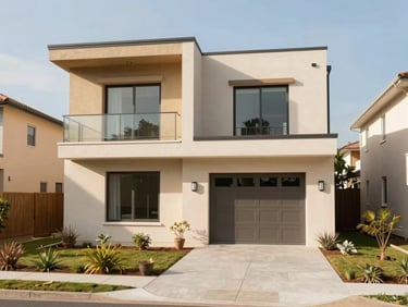 Bright, modern house exterior in a quiet residential neighborhood, natural daylight, clean lines, warm sand tones.