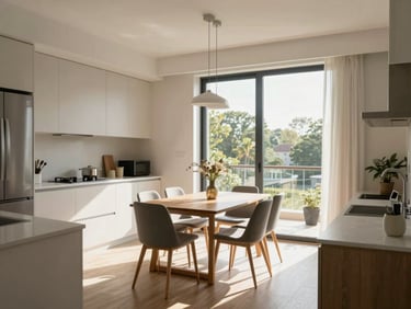 Modern apartment interior showing a sunlit dining area, clean finishes, large window with natural light.