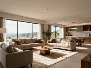 Wide shot of a modern, sunlit apartment living room in Brazil, warm natural daylight streaming through large windows, clean architectural lines, realistic spatial dimensions.