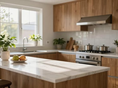 Bright and airy kitchen interior with sunlight hitting a clean marble countertop, wooden cabinets, and green plants.