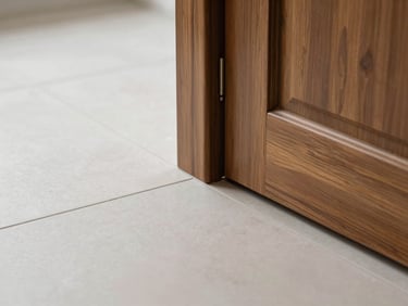 Close-up of high-quality interior finishes, clean ceramic tiles and solid wood door frame under natural daylight.