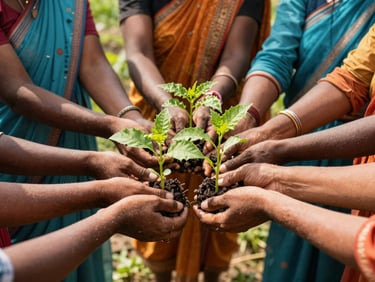 Warm editorial daylight shot of hands of rural Indian women holding fresh green crop saplings together in a sunny field in Bihar, authentic community empowerment, 35mm lens