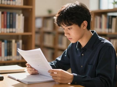Focused student reading editorial papers in a quiet, sunlit library, warm gold light highlighting handwritten notes, professional academic photography, 50mm lens