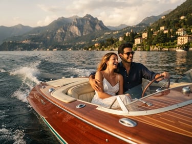 Cinematic widescreen crop of a couple on a classic wooden speed boat on Lake Como, soft directional light, rich shadows, 35mm grain.
