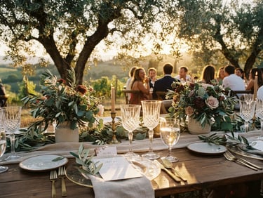 Cinematic 35mm film photograph of an outdoor wedding table setting under olive trees, warm golden hour light, crystal glasses sparkling.
