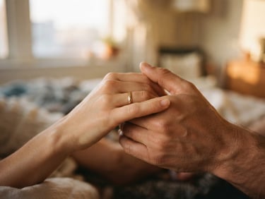 Extreme close-up of two hands gently holding each other, soft window light, warm tones, shallow depth of field.