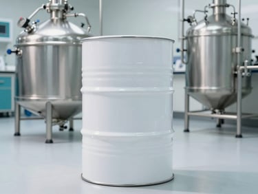 A clean 200-liter industrial drum in a pristine food processing facility, stainless steel machinery, bright clinical lighting, sharp shadows.