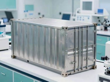 Sleek stainless steel export containers on a high-tech shipping dock, bright daylight, clinical turquoise color accents, sharp focus.