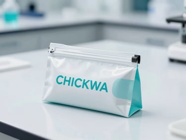 A sleek retail pouch of CHICKWA resting on a clinical white laboratory surface, sharp turquoise lighting reflections, high-key studio setting.