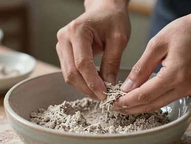 Close-up of hands carefully mixing raw pigments in a ceramic bowl, dust particles suspended in a single beam of low-light tungsten.