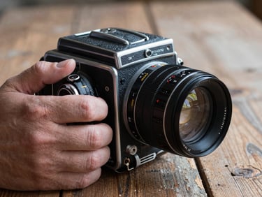 Overcast daylight, extreme close-up of a photographer's hand holding a vintage medium format film back, weathered wood table surface, precise and tactile.