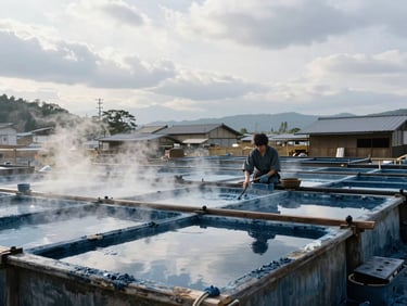 Wide environmental landscape of a remote indigo dyeing workshop in Kyoto, steam rising from deep vats, a single artisan working in the background under overcast daylight.