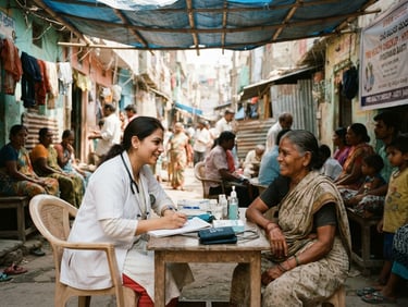 Candid photojournalism of an active health camp in a Hyderabad slum, a professional consulting a local resident under a simple canopy, bright natural Indian daylight, warm authentic tones, 35mm lens, eye-level medium shot.
