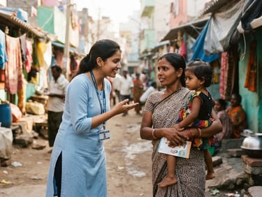 Candid medium shot of a young Indian female health professional speaking with a mother in a sunlit Hyderabad slum lane, warm authentic tones, 35mm lens.