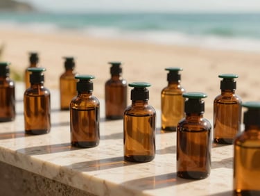 Close-up of amber glass apothecary jars on a sand-toned marble counter, deep ocean green accents, bright airy lighting, 35mm.