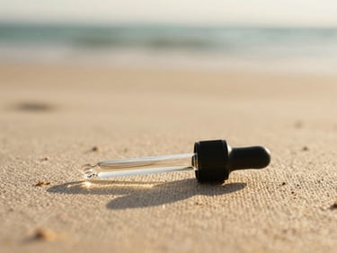Minimalist close-up of a glass tincture dropper resting on natural linen fabric, soft golden-hour lighting, shallow depth of field, 35mm.