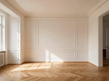 Elegant classic apartment interior, high ceilings, herringbone wood floors, warm natural light, refined design