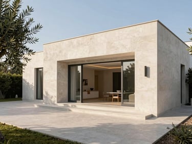 Bright architectural villa exterior, clean concrete and limestone facade, olive tree in the courtyard, warm afternoon sun
