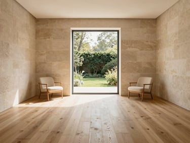 Minimalist living room with natural oak floors, warm stone walls, large window showing garden, soft daylight, elegant furniture