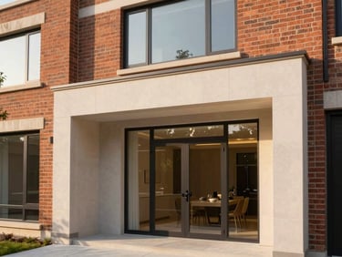 Contemporary brick townhouse exterior, clean architectural lines, warm evening daylight, soft shadows