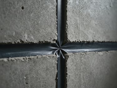 Medium-distance shot of intumescent fire-rated sealant strip installed in a concrete wall joint, cool studio lighting revealing material detail, gray and charcoal palette, no people