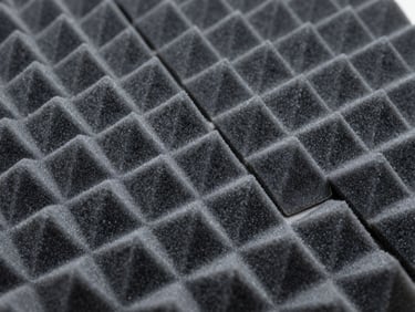 Close-up cross-section of acoustic foam panel with angled wedge profile, cool north-facing light revealing surface geometry, monochrome gray tones, no people