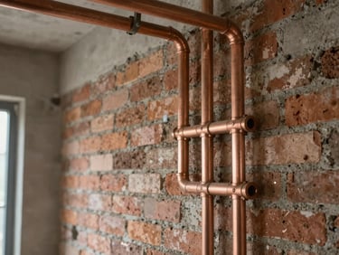 Close-up architectural shot of raw refurbishment progress inside a building, exposed brick wall, clean copper piping installed, natural light.