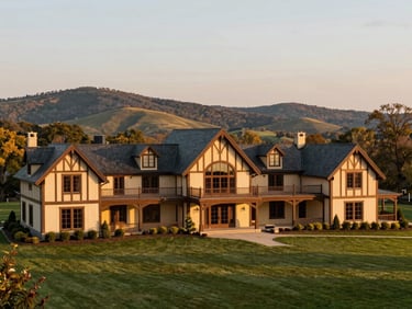 Sweeping view of a custom timber-frame equestrian estate in Purcellville, Virginia, rolling hills in background