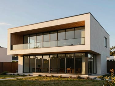 Exterior of a modern minimalist house with clean lines and floor-to-ceiling glass in Ashburn, bright morning light