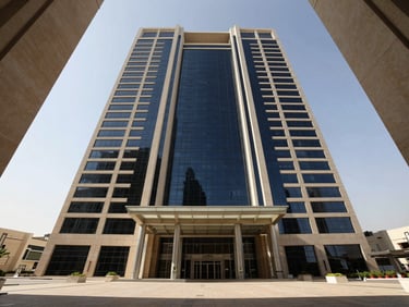 Architectural wide angle of the modern Dubai International Financial Centre government building, sharp natural daylight, deep shadows, 35mm lens