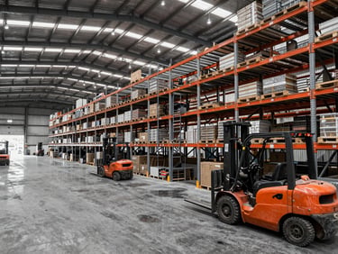 Panoramic shot inside a vast industrial warehouse, high shelving, forklifts in motion, high-contrast, desaturated steel and safety-orange tones, wide-angle, showing operational efficiency.