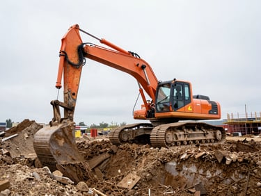 Excavator digging trench on a construction site, low-angle shot, high-contrast overcast daylight, desaturated steel and safety-orange tones, wide-angle lens, sharp details.