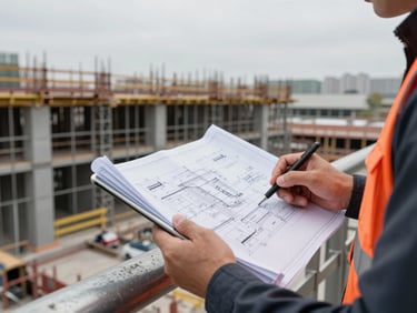 Engineer reviewing complex blueprint on a construction site tablet, close-up of hands and blueprint, high-contrast overcast daylight, desaturated steel and safety-orange tones, sharp details.