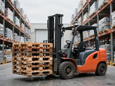 Forklift moving heavy pallet in a large industrial warehouse, high shelving, high-contrast overcast daylight, desaturated steel and safety-orange tones, wide-angle lens, sharp details.