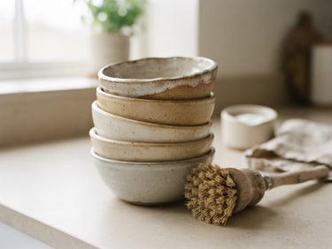Close-up of a stack of neutral-toned ceramic bowls and a bamboo brush, soft diffused daylight, warm neutral tones, clean composition, 35mm lens, styled in a minimalist kitchen environment