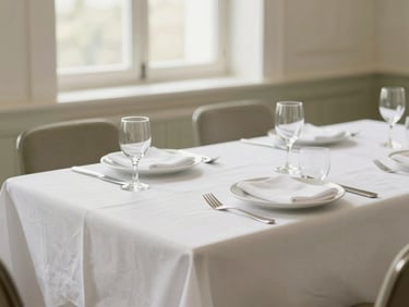 Elegant corporate luncheon table setting with clean white linens, soft natural light, minimalist aesthetic, 35mm