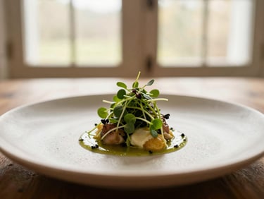 Artfully plated private dining dish, micro-greens, warm ambient window light, shallow depth of field, 35mm