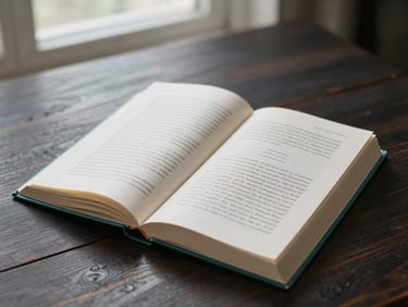 An open paperback book showing clean interior typesetting and elegant chapter headers, placed on a dark wooden desk under soft window light.