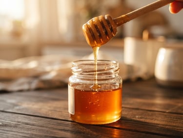 Close-up of golden honey being poured from a wooden dipper into an elegant glass jar, soft golden-hour light, shallow depth of field, dark wood surface, rich amber tones, macro lens.