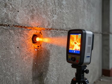 Wide-angle view of a professional thermal imaging camera displaying bright orange and yellow heat signatures of a water leak behind a concrete wall, realistic workplace lighting.
