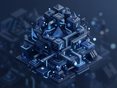 Minimalist 3D render of abstract tech geometry, electric blue and deep navy accents, soft studio lighting, modern isometric interface mockup